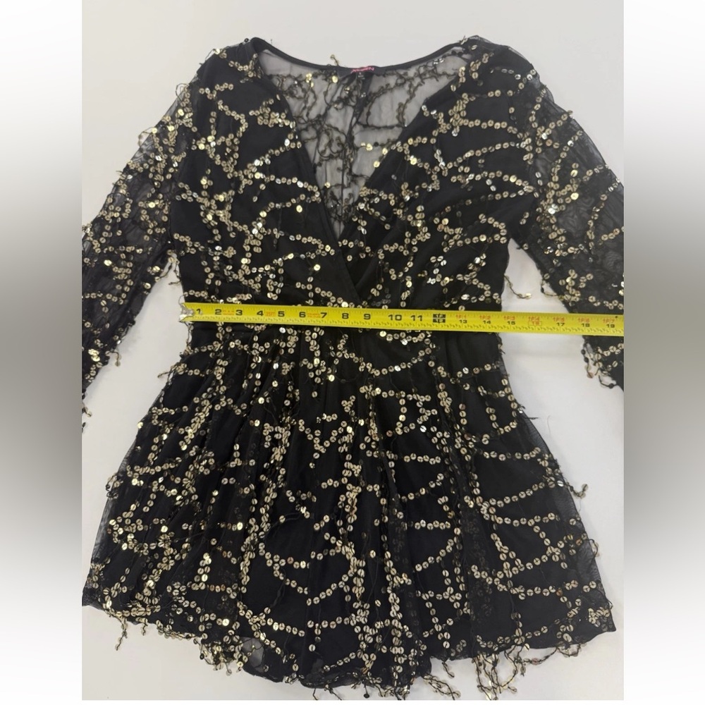 Xtaren Black with Gold Sequin V-Neck Long Sleeve Sheer romper - Picture 7 of 11